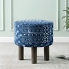 Morgan Acacia Wood Set of 2 Ottoman Pouffees in Indigo Patchwork Kantha, Antique Grey Finish