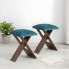 Dayton Sheesham Wood Accent Square Set of 2   Stools in Turquoise Sea Velvet Upholstery
