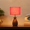 Devansh Red Cotton Table Lamp With  Wood Natural Base (7X13 Inches)-4