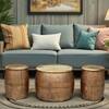 Antique Metal Coffee Table with 2 Stools in Copper Finish Set of 3
