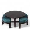 Nashville Sheesham Wood Coffee Table With 4 Stools Set In Mahogany Finish & Turquoise Sea Velvet Fabric Cushions