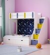 Pattern Dreams Bunk Bed  6X5 (Drawers On Wheels) In White & Blue Colour