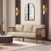 Taran 3 Seater Teak Wood Sofa in Almond Beige Fabric in Sienna Teak finish