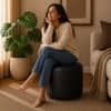 Doe Buck Mary Leather Round Ottoman Stool in Black Colour