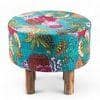 Collio Solid Wood Pouffee in Floral Print Green Kantha Fabric