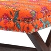 Rosslyn Sheesham Wood Set of 2 Ottoman Pouffees in Bird Print Orange Kantha, Dark Mahogany Finish
