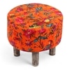 Collio Solid Wood Ottoman Pouffee in Bird Print Orange Ethnic Kantha fabric