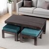 Irish Sheesham Wood Coffee Table With 2 Stools Set In Mahogany Finish & Turquoise Sea Velvet Fabric Cushions