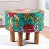 Collio Solid Wood Pouffee in Floral Print Green Kantha Fabric
