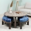Nashville Sheesham Wood 4 Seater Coffee Table Set In Antique Grey Finish Indigo Patch Kantha Cushion