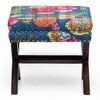 Rosslyn Sheesham Wood Set of 2 Ottoman Pouffees in Fruit Print Blue Kantha, Dark Mahogany Finish