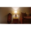 Jet Brown Wooden Table Lamp with White Fabric Lampshade