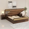 Floral Solid Wood Queen Size Hydrulic Storage Bed In Provincial Teak Finish Beige 60x78 inch