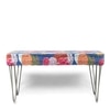 Velas Sheesham Wood Mid Century 2 Seater Bench With Metal Legs In Fruit Print Blue Kantha