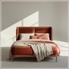 Valerio Duo-Panel Luxe Queen Size Bed in Velvet Rust colour with Oak wood Frame