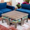 Blane Sheesham Wood 4 Seater Coffee Table Set In Antique Grey Finish Floral Print Green Kantha Cushion