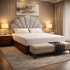 Pankhuri Solid Wood Queen Size Upholstered Bed With Box Storage (Provincial Teak Finish, Grey Colour)