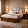 Mooh Solid Wood Queen Size Upholstered Bed With Box Storage (Provincial Teak Finish, Grey Colour)