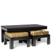 Irish Sheesham Wood Accent Coffee Table Set With 2 Stools In Extra Dark Mahagony Finish With Green Sparkle Velvet Cushions