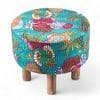 Collio Solid Wood Pouffee in Floral Print Green Kantha Fabric