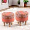 Louisville Acacia Wood Parisian Round Set of 2 Pouf Stools in Red Jacquard