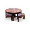 Nashville Sheesham Wood 4 Seater Coffee Table Set In Teak Finish Bird Print Grey Kantha Cushion