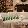 Streaky Knitted Oblong Pillow Cover With Red Pom Poms  Green Natural 35X7 Inches