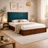Vedanch Solid Wood Queen Size Upholstered Bed With Box Storage (Provincial Teak Finish, Teal Colour)