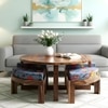 Nashville Sheesham Wood 4 Seater Coffee Table Set In Teak Finish Bird Print Grey Kantha Cushion