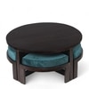 Nashville Sheesham Wood Coffee Table With 4 Stools Set In Mahogany Finish & Turquoise Sea Velvet Fabric Cushions