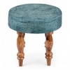 Roswell Sheesham Wood Round Stool in Blue Jacquard Work Fabric Upholstery