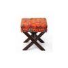 Rosslyn Solid Wood Pouf Stool in Bird Print Orange Ethnic Kantha fabric