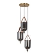 Duo Integrated 3-Light Led Ceiling Pendant In Brass Finish Metal And Brown Leather With Gray Glass Shades