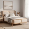Valerio Duo-Panel Luxe Queen Size Bed in Off- White colour Velvet with Oak wood Frame