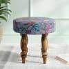 Roswell Sheesham Wood Mid Century Round Stool in Grey Brid Print Kantha Upholstery