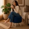 Doe Buck Parker Velvet Round Ottoman Stool in Blue Colour with Wooden Legs