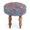 Roswell Sheesham Wood Mid Century Round Stool in Grey Brid Print Kantha Upholstery