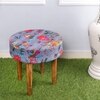 Nayla Sheesham Wood Mid-Century Set of 2 Stools in Grey Bird Print Kantha, Teak Finish