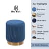 Doe Buck Damato Luxury Velvet Round Ottoman in Blue Colour with Gold Base