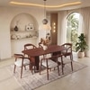 Brava Solid Wood 6 Seater Dining Table with 6 Zen Solid Wood Dining Armchair in (Finish: Honey, Colour: White Boucle)