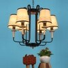 Eliante 6-Light Chandelier, Mild Steel And Wood With Fabric Shades, Modern Ceiling Fixture