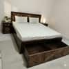 Group Solid Wood Bed with Storage in Natural & Walnut