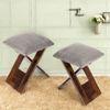 Dayton Sheesham Wood Accent Square Set of 2   Stools in Grey Cotton Velvet Upholstery