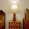 Libra Brown Wooden Table Lamp with White Fabric Lampshade