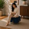 Doe Buck Adirondack Channel Tufted Velvet Ottoman Stool in Blue Colour with Gold Legs