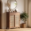 Fujiwara 20 Pair Solid Wood and Cane Shoe Cabinet With Drawer In Amber Walnut Finish