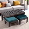 Irish Sheesham Wood Coffee Table With 2 Stools Set In Mahogany Finish & Turquoise Sea Velvet Fabric Cushions