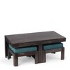 Irish Sheesham Wood Coffee Table With 2 Stools Set In Mahogany Finish & Turquoise Sea Velvet Fabric Cushions