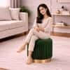 Doe Buck Damato Luxury Velvet Round Ottoman in Green Colour with Gold Base
