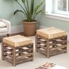 Houston Sheesham Wood Contemporary Set of 2 Stools in Beige Sparkle Velvet, Teak Finish